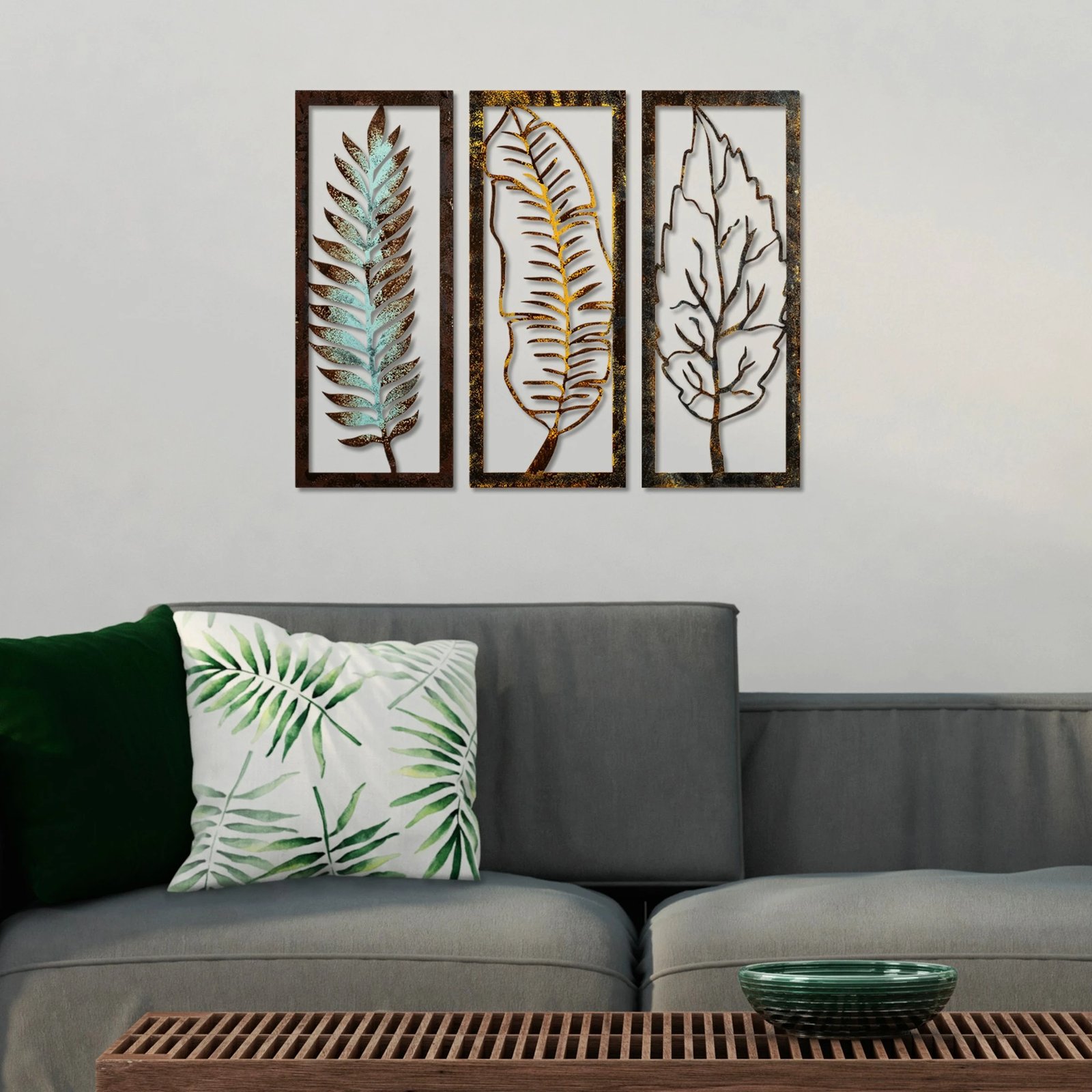 Aksesor dekorativ metalik për mur, Wallity, gjethe, set prej 3 copash, 55x22x1.5cm