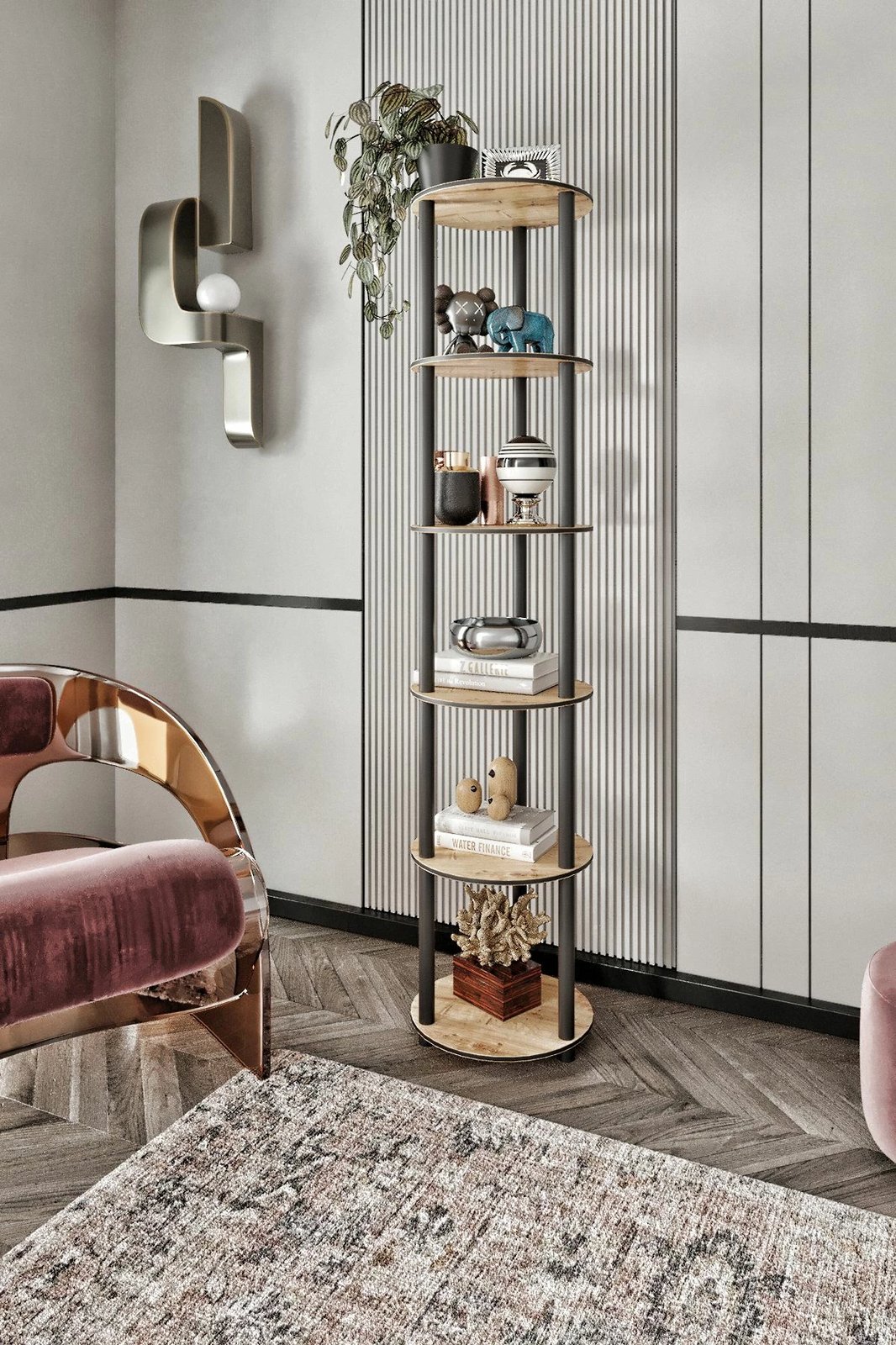 Raft librash Skye Decor, 6 kate, i rrumbullakët, ngjyrë lisi