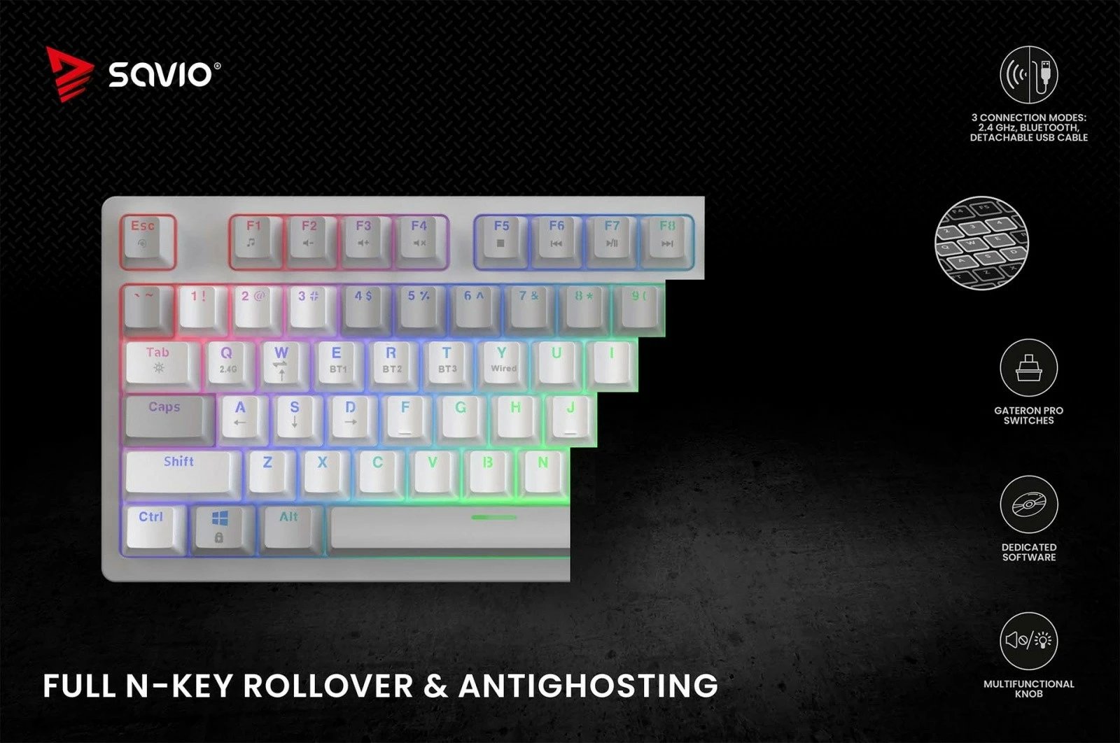 Tastierë mekanike wireless Savio PHENIX WHITE GAT RED, 82 tasta, RGB, e bardhë
