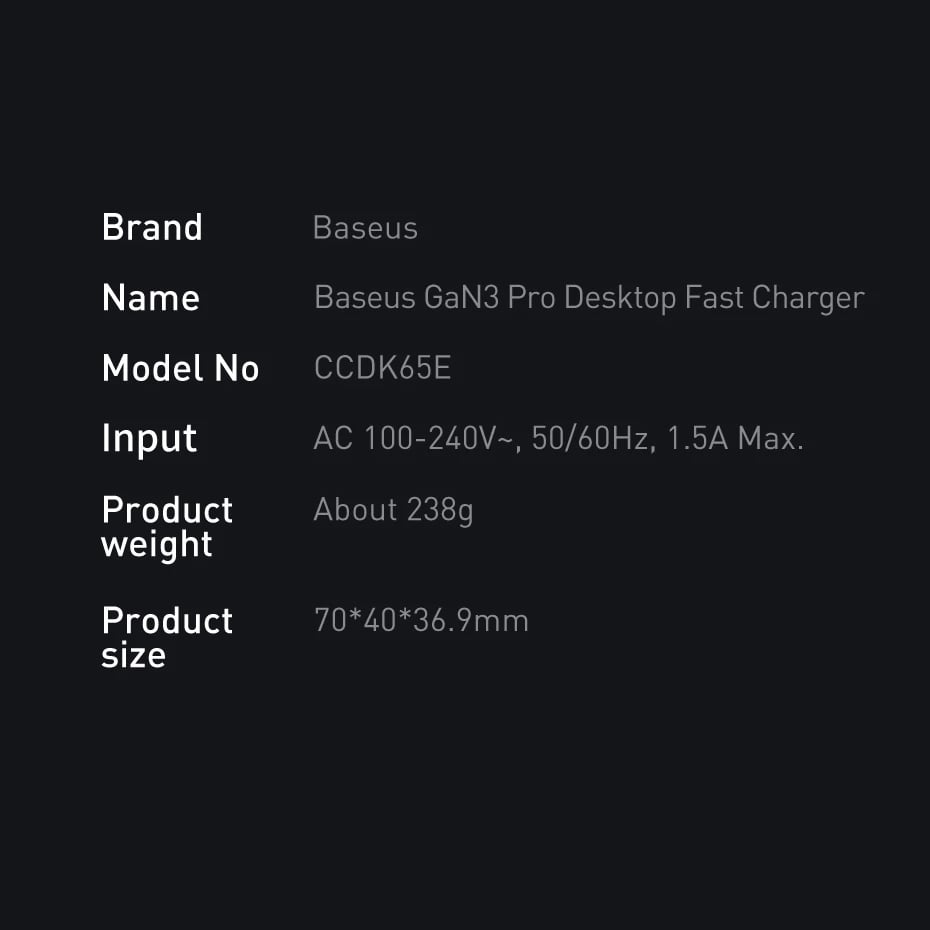 Karikues i shpejtë Baseus GaN3 Pro 65W, 2x USB Type-C, 2x USB, me kabllo USB-C 1m, Zi