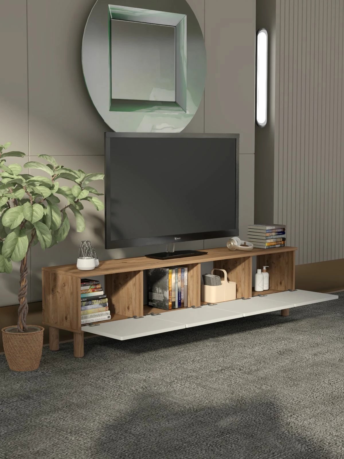 Komodë për TV Skye Decor, Arcera, ngjyrë pishë Atlantike dhe e bardhë