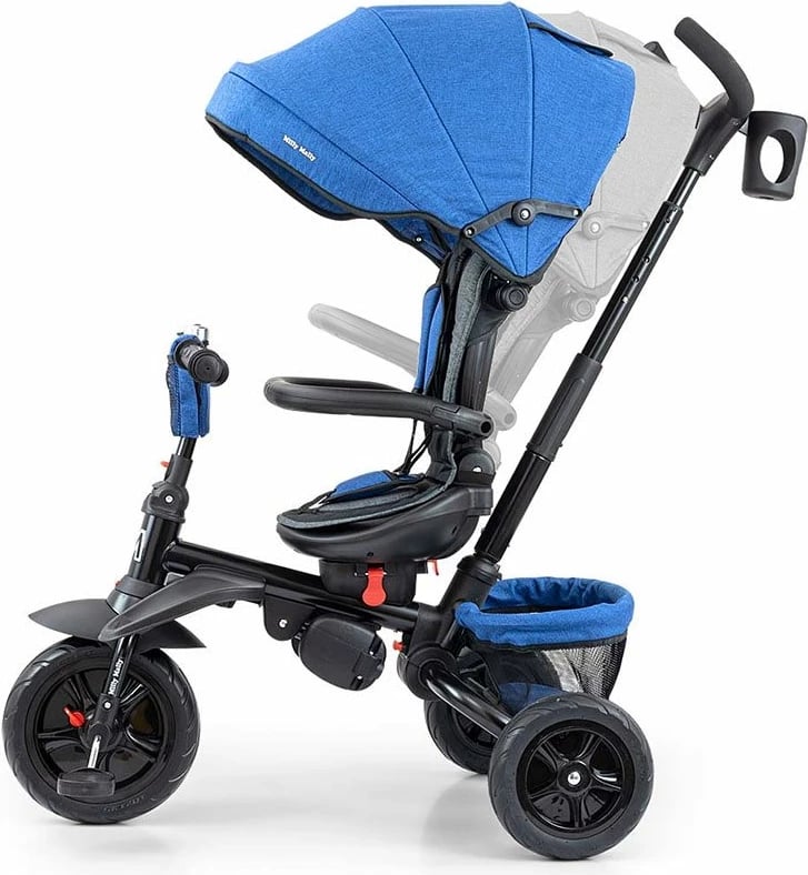 Tricikël me shufër drejtuese, Milly Mally Stanley 6-in-1, sedilje rrotulluese 360°, rrota gome, dorezë shtytëse e rregullueshme, canopy palosës, shportë – blu-zi