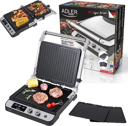Grill elektrik, Adler, AD 3059, LED 2‑në‑1, 3000W, temperaturë 60‑230°C, timer 1‑99 min, dy palë pllaka