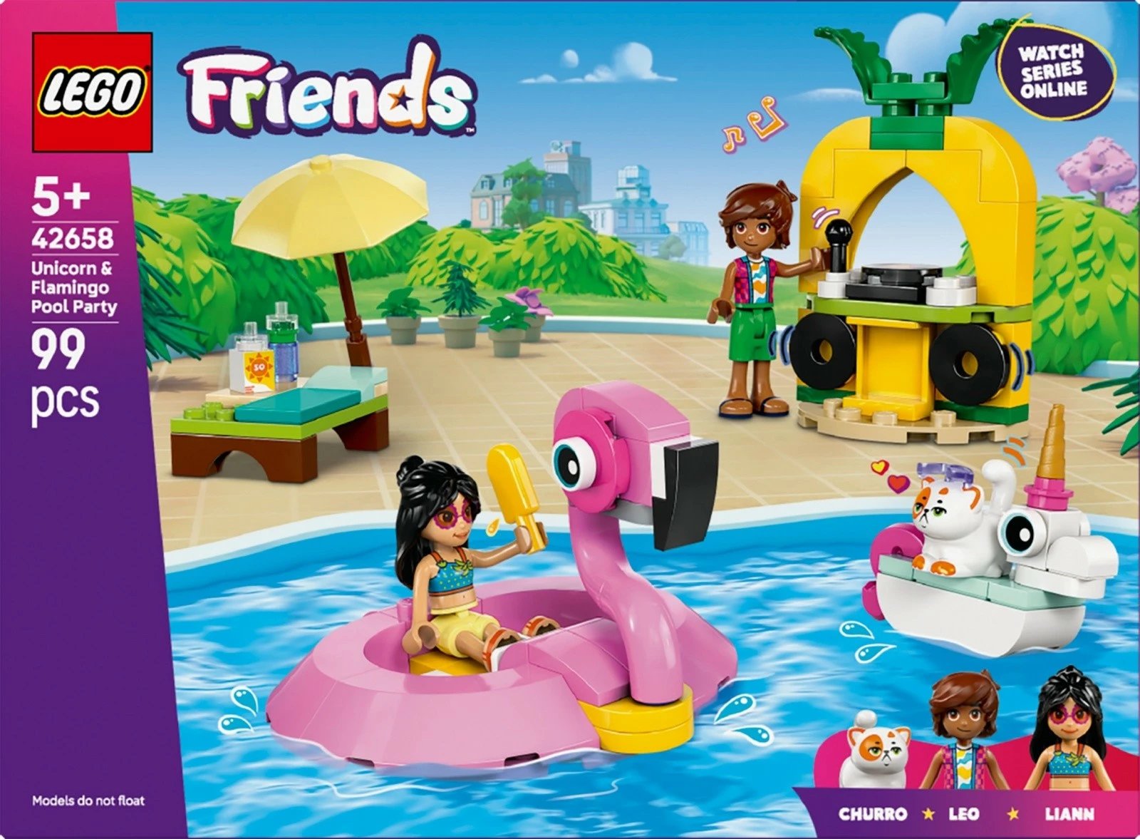 Set ndërtimi LEGO Friends 42658, Festa në pishinë me njëbrirësh dhe flamingo, 99 pjesë