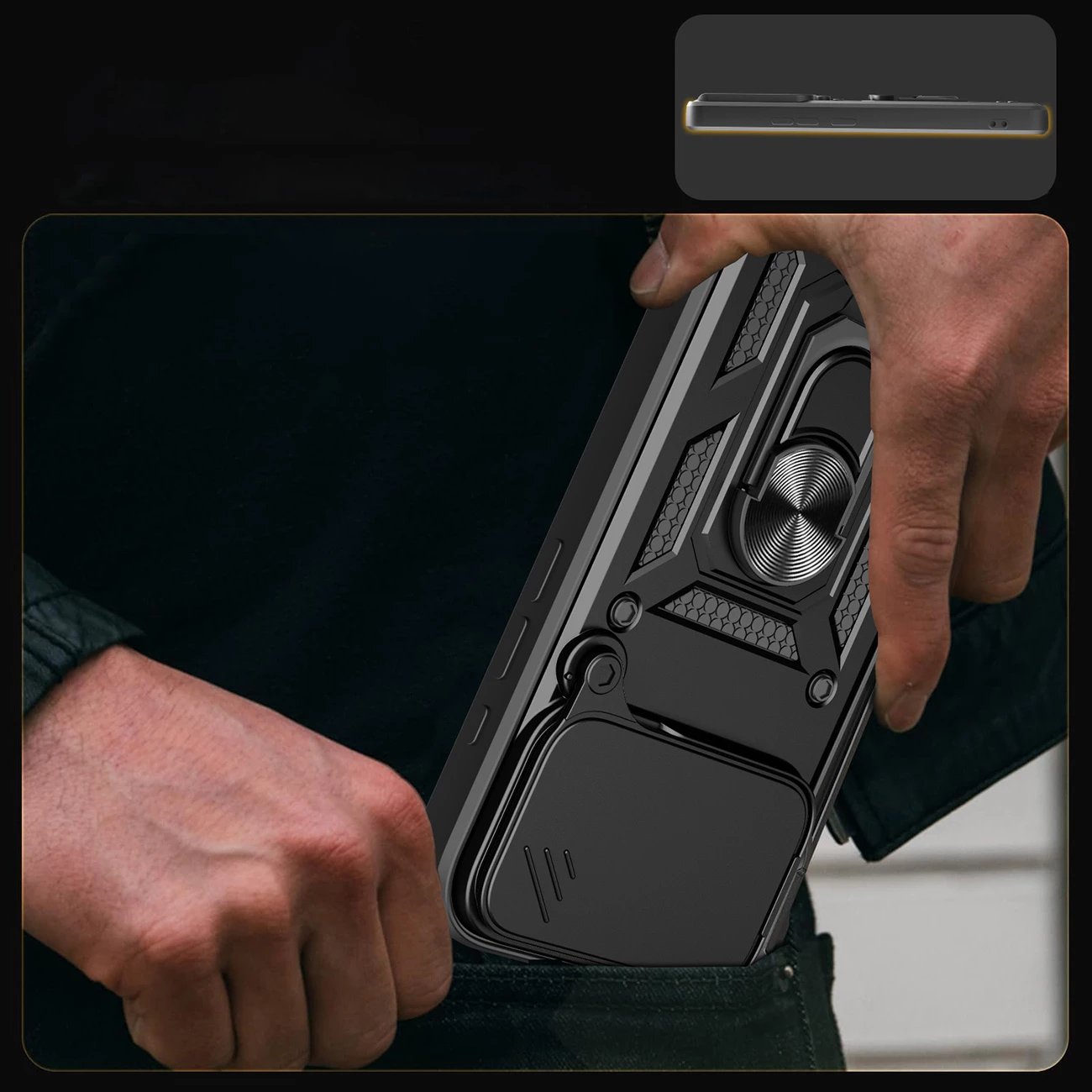 Mbështjellës Hurtel Hybrid Armor Camshield për iPhone 17 Pro, me qëndrim dhe kapak kamere, i zi