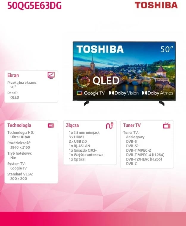 Televizor Toshiba 50QG5E63DG QLED, 50 inç, Ultra HD/4K, Google TV, Dolby Vision, Dolby Atmos