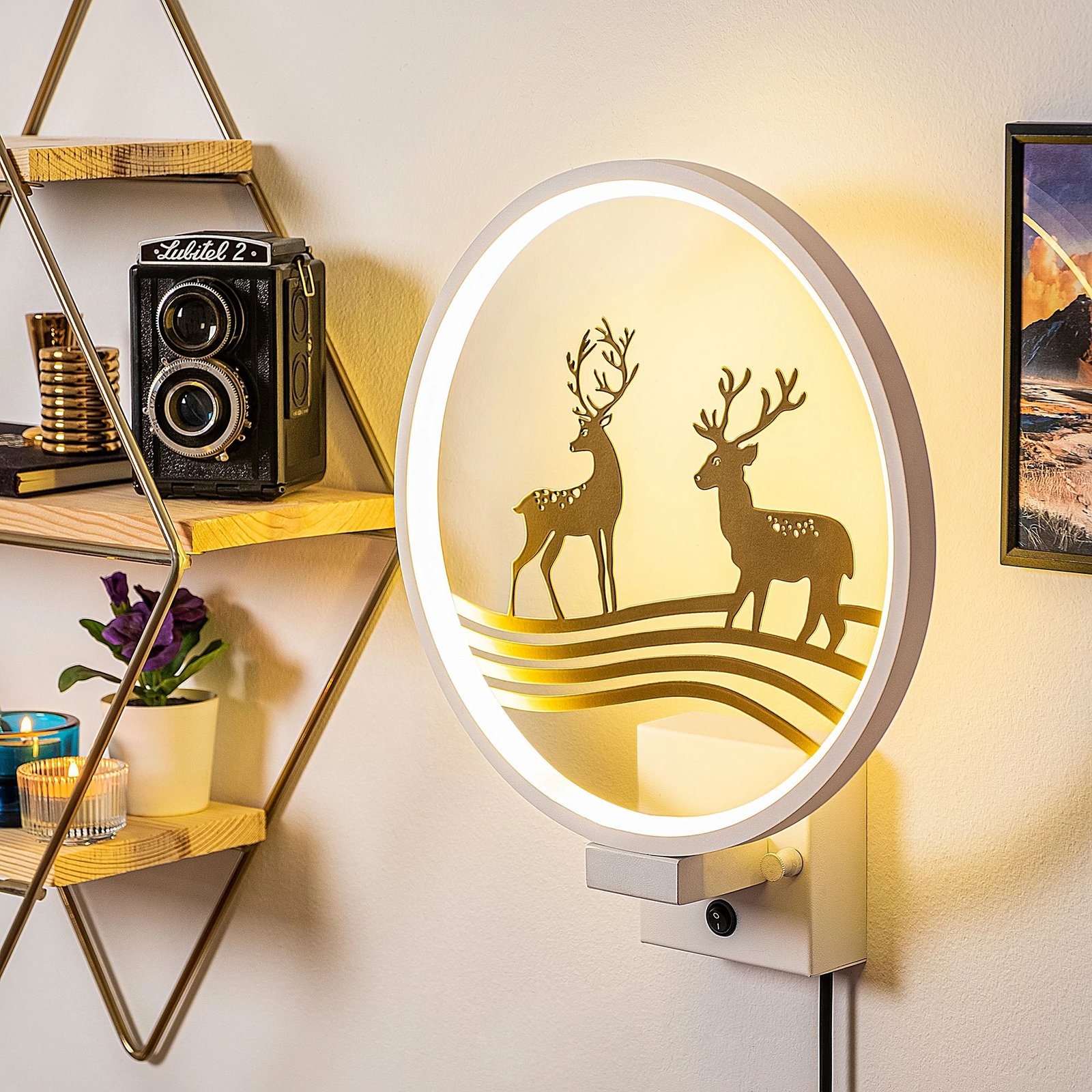 Llambë muri dekorative, Opviq XMAS30, e bardhë dhe ari, motiv kafshësh, 30x36x10cm