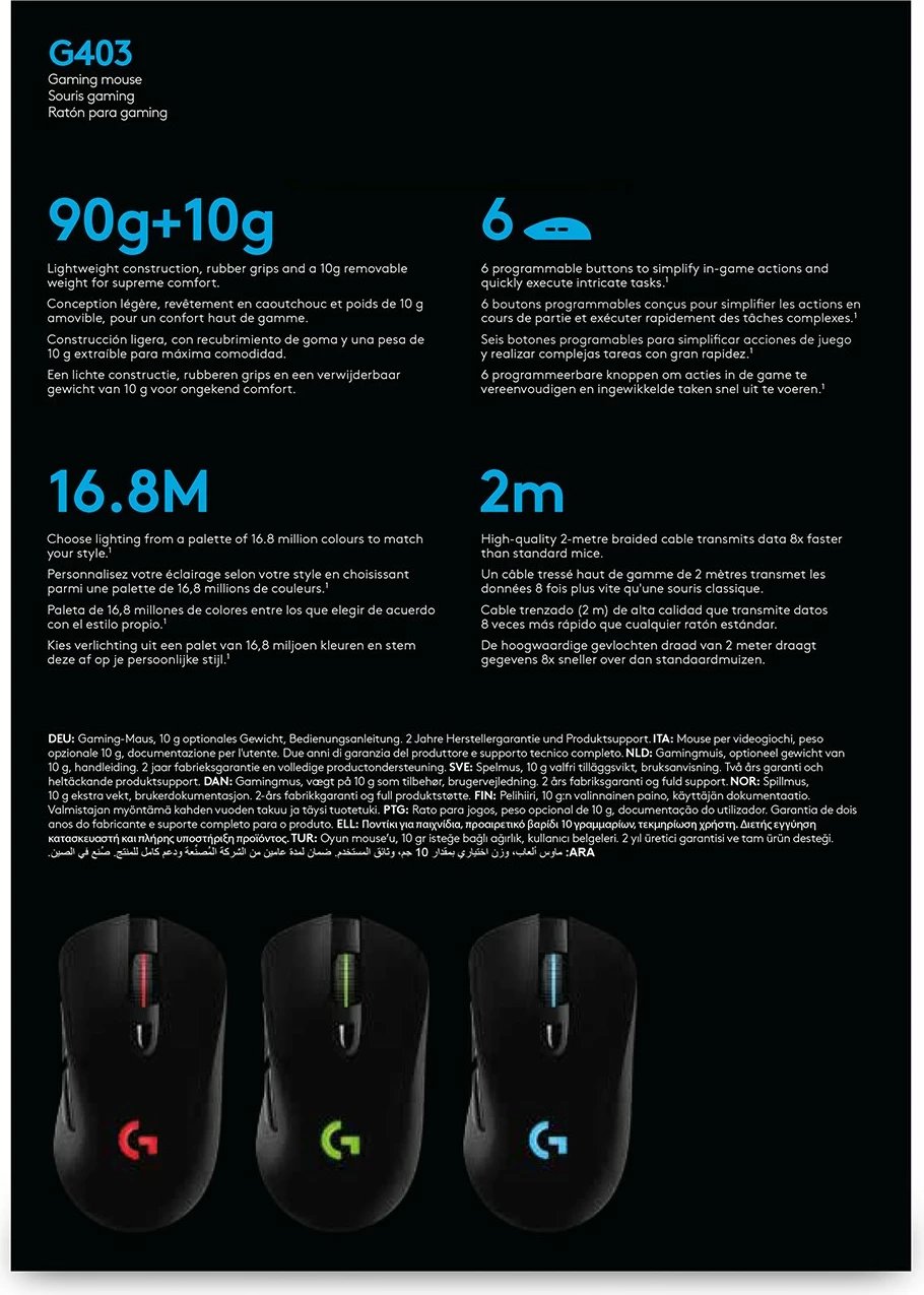 Maus Logitech G G403 HERO, Djathtas, Optik, USB Type-A, 25600 DPI, 1 ms, Ngjyrë e zezë Maus Logitech G G403 HERO, Djathtas, Optik, USB Type-A, 25600 DPI, 1 ms, Ngjyrë e zezë