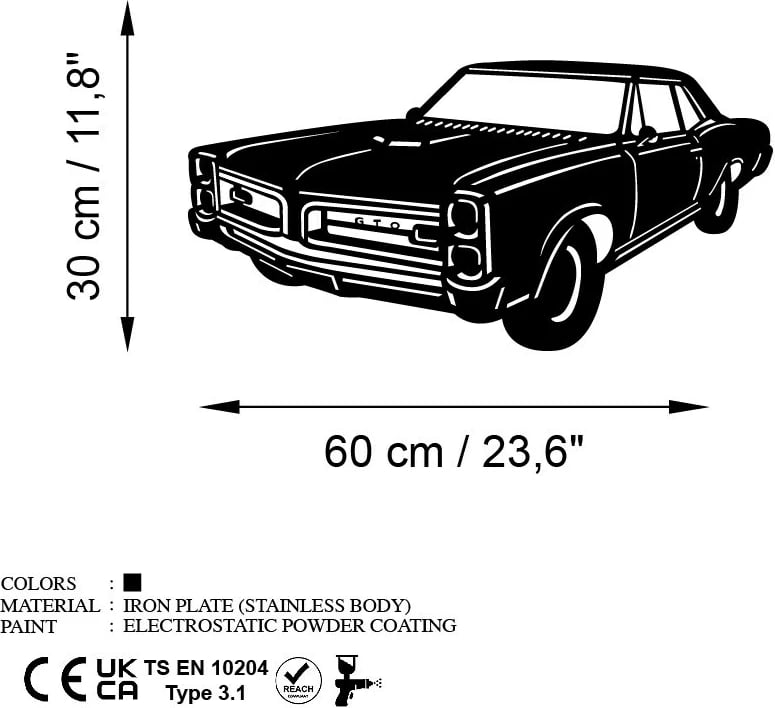 Aksesor dekorativ metalik për mur, Pontiac GTO 1966, Wallity, ngjyrë e zezë