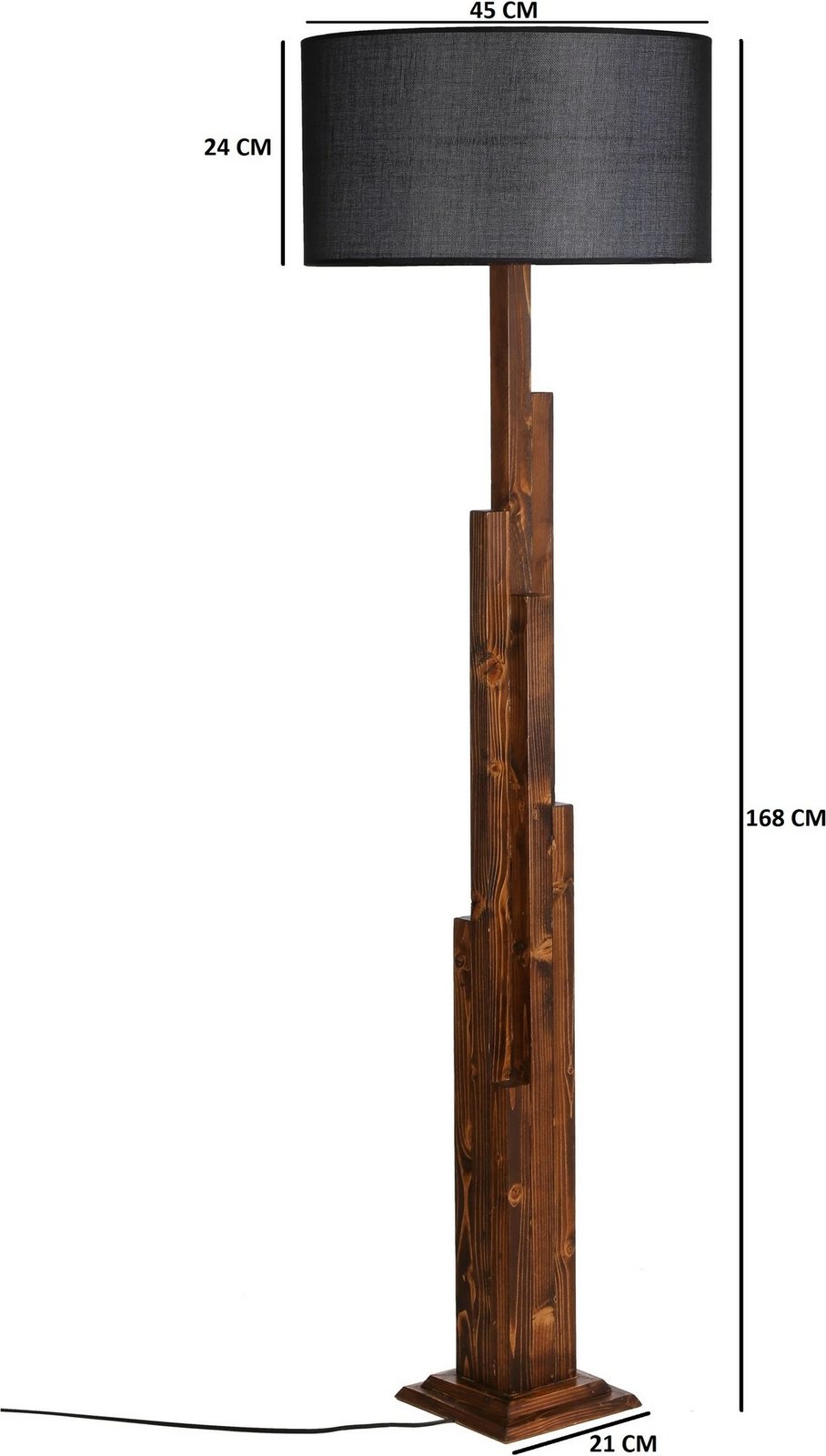 Llambë dyshemeje Opviq, trup druri si bredh, abazhuri cilindrik, ngjyrë e zezë dhe arre