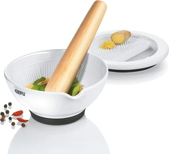 Havan dhe Pistil për Erëza GEFU SURI, Ngjyrë Arrë dhe Porcelan i Bardhë me Druri Tek