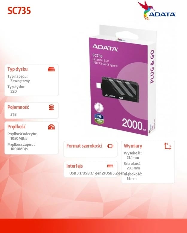 SSD i jashtëm Adata SC735, 2TB, USB 3.2 Gen2 Type-C, Zi/Gri