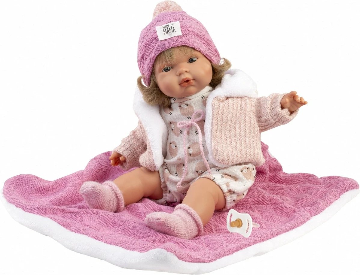 Kukull qarëse, Llorens, Lola 38572, 38 cm, trup pambuku e pjesë vinili, me zë pas heqjes së biberonit, me bateri LR44, set me 4 pjesë + batanije + biberon, rozë