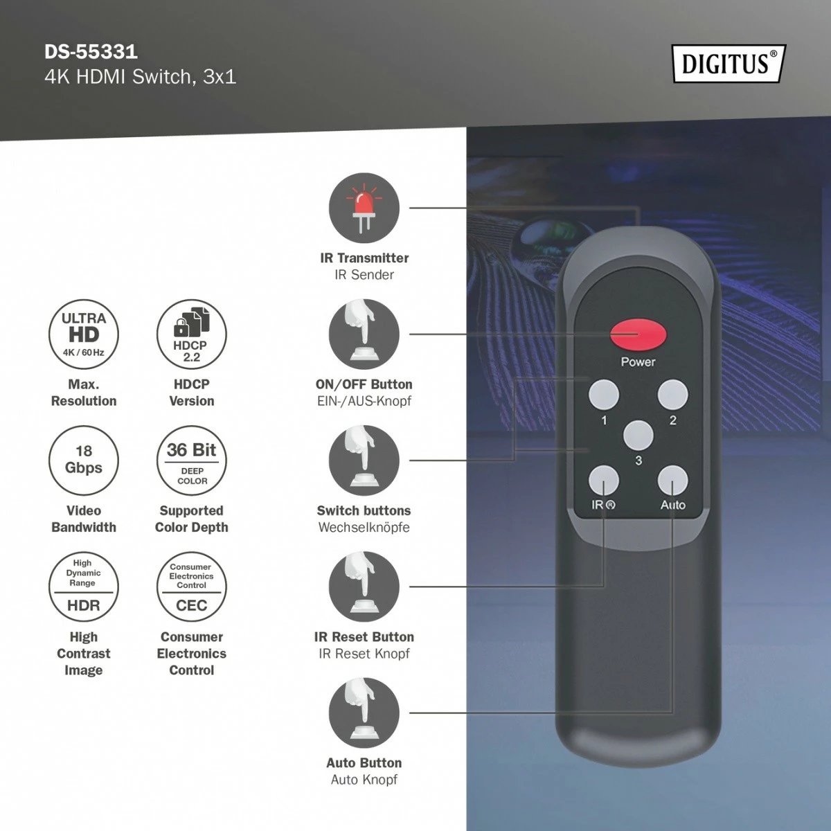 Switch HDMI Digitus DS-55331, 3 hyrje, 1 dalje, 4K/60Hz, me telekomandë, e zezë