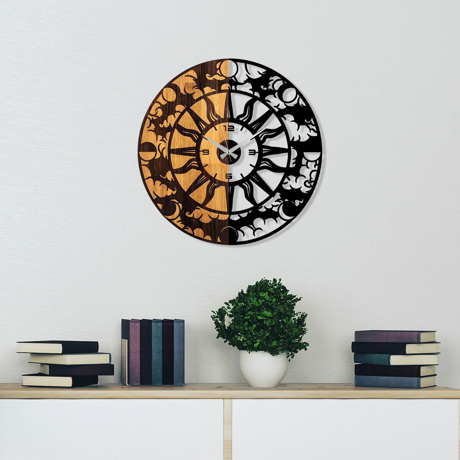 Orë muri dekorative prej druri, Wallity, ngjyrë arre dhe e zezë, 56cm