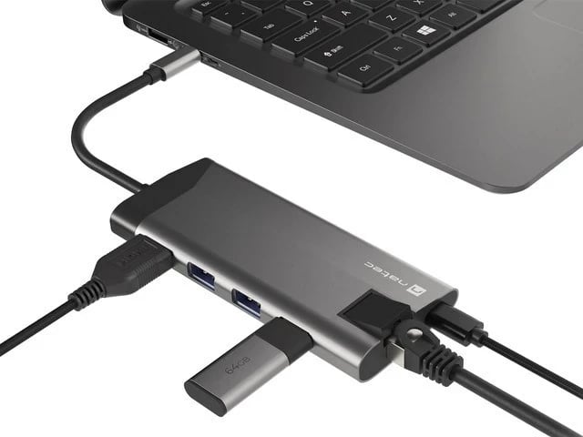 Adapter NATEC Multiport Fowler Plus USB-C, HDMI 4K, RJ45, Gri e Errët