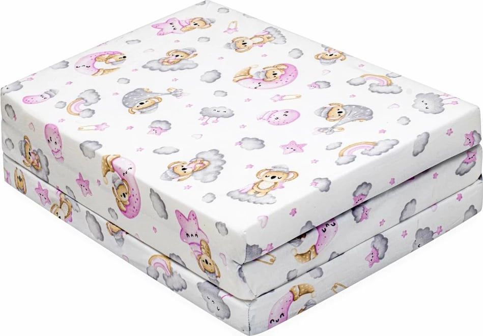Dyshek palosës për krevat bebe, New Baby, Standard, 120x60x5 cm, shkumë poliuretani, mbulesë pambuku, me çantë transporti, rozë