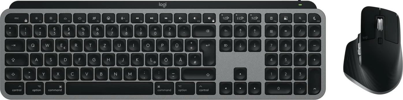 Komplet tastierë dhe maus Logitech MX Keys S për Mac, Pa kabllo, RF Wireless + Bluetooth, Ndërprerës çelësash gërshërë, QWERTZ, LED, Alumini, E zezë
