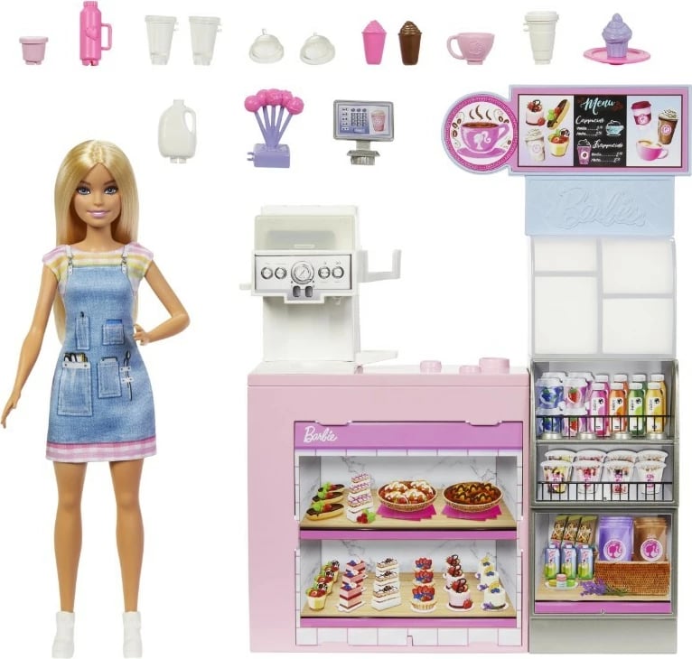 Set lodër Barbie Barista me kukull dhe kafene, Mattel HXN94, 12+ aksesorë, rozë