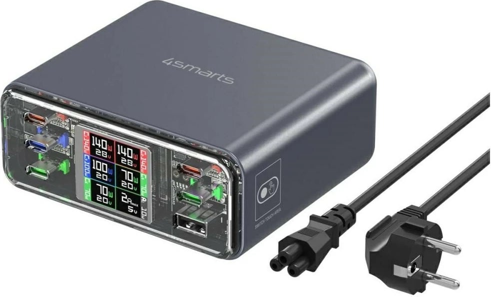 Stacion karikimi desktop, 4smarts Lucid GaN DIY 360W (MPN 4SM000027), 5x USB-C + 1x USB-A, PD 3.1/QC 3.0, ekran LED, gri