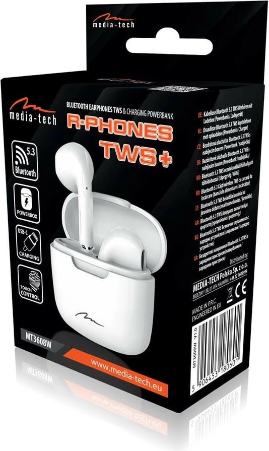 Kufje wireless Media-Tech R-PHONES TWS+ MT3608W, in-ear, Bluetooth, USB-C, Bardhë