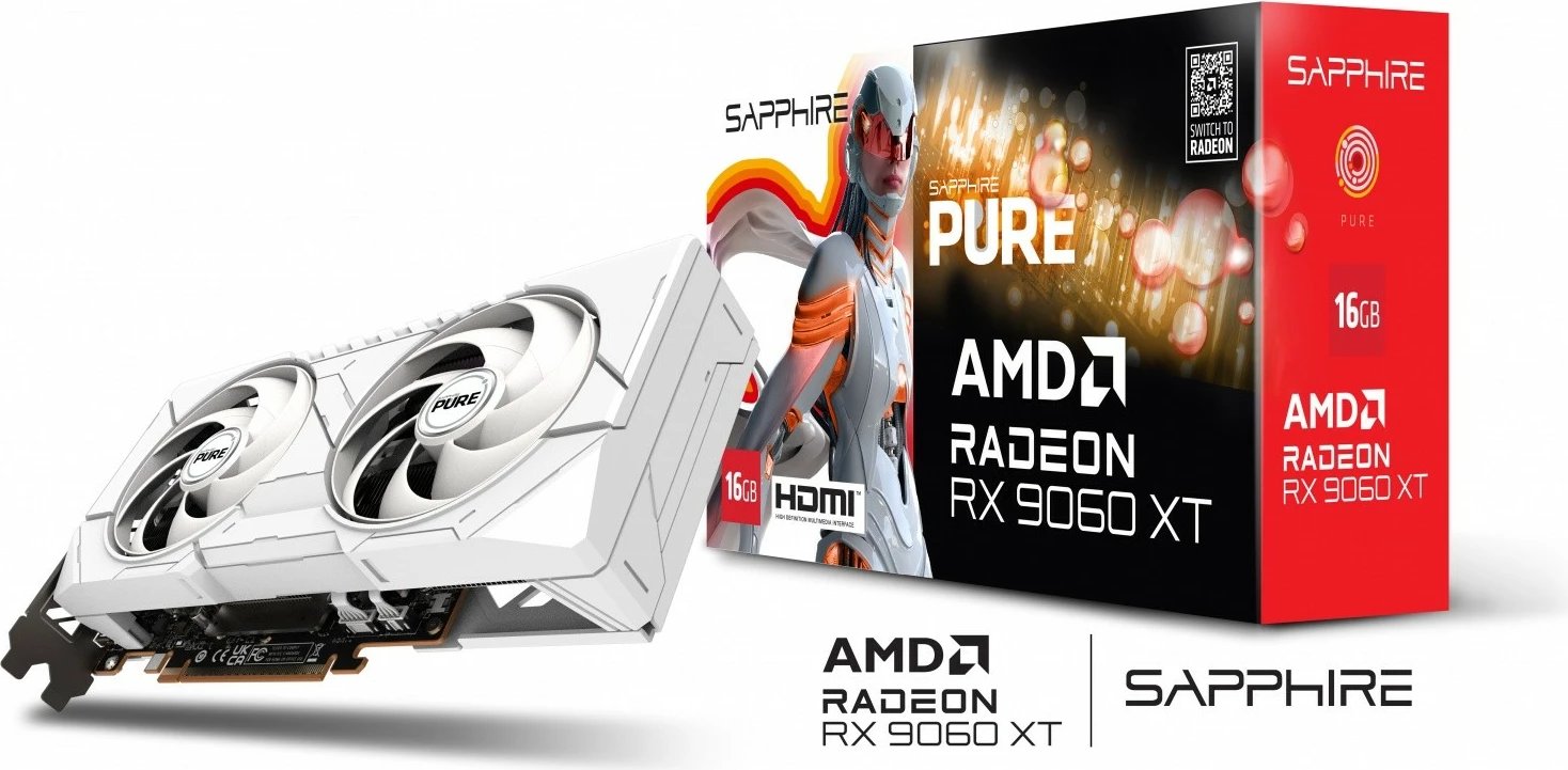 Kartelë grafike Sapphire Radeon RX 9060 XT PURE, 16GB GDDR6, 128-bit, e bardhë