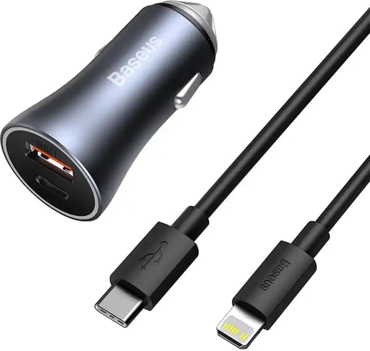 Karikues veture Baseus Golden Contactor Pro, 40W, USB + USB-C, me kabllo USB-C në Lightning 1m, Gri