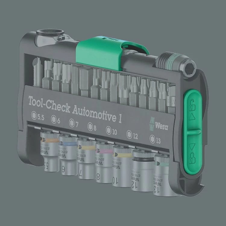 Set veglash Wera Tool-Check Automotive 1, kasë bartëse, ngjyrë e zezë/jeshile/çelik inox