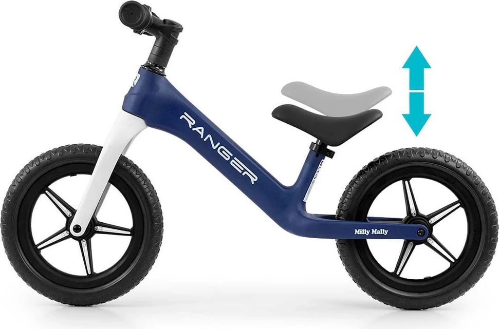 biçikletë pa pedale, Milly Mally Ranger Flash, 12", kornizë kompozite, goma EVA me LED, sedile e rregullueshme, blue navy