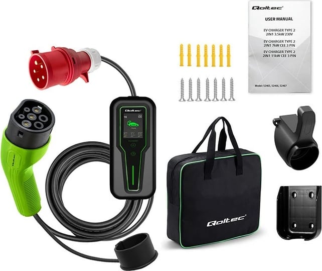 Karikues portativ për makina elektrike Qoltec 52466, 7kW, Type 2, LCD, 5m, i zi/gjelbër