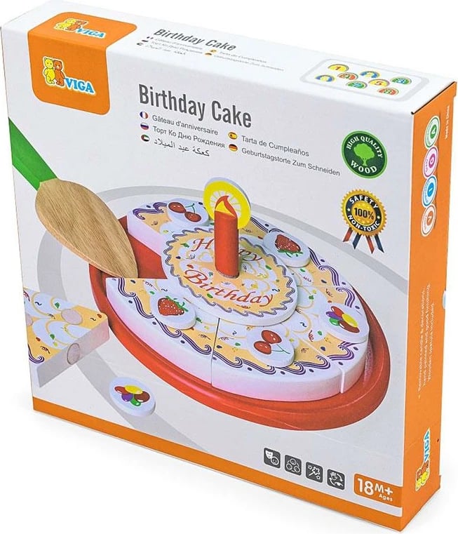 Set lodër druri tortë për prerje, Viga, 6 copa me Velcro + pjatë + shpatull + dekorime + qiri, multicolor