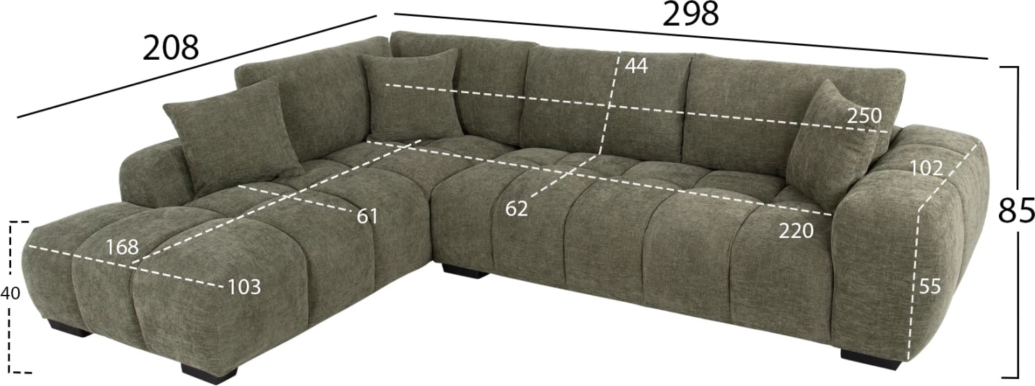 Kënd divani (majtas) COVEN FH3266.04L, pëlhurë e gjelbër, 298x102-208x85H cm