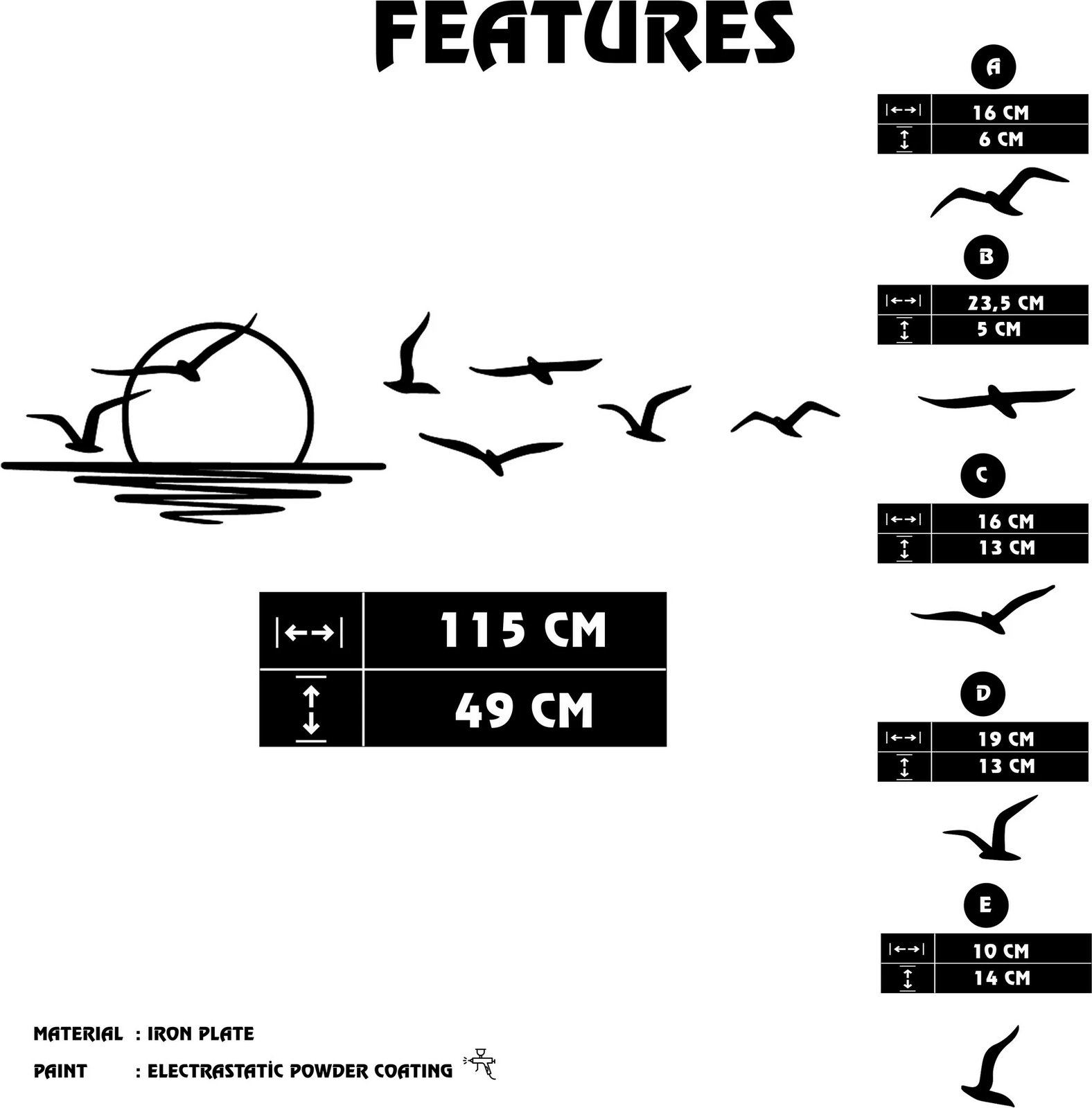 Aksesor dekorativ metalik për mur Wallity, Spiaggia, ngjyrë e zezë, 115x49cm