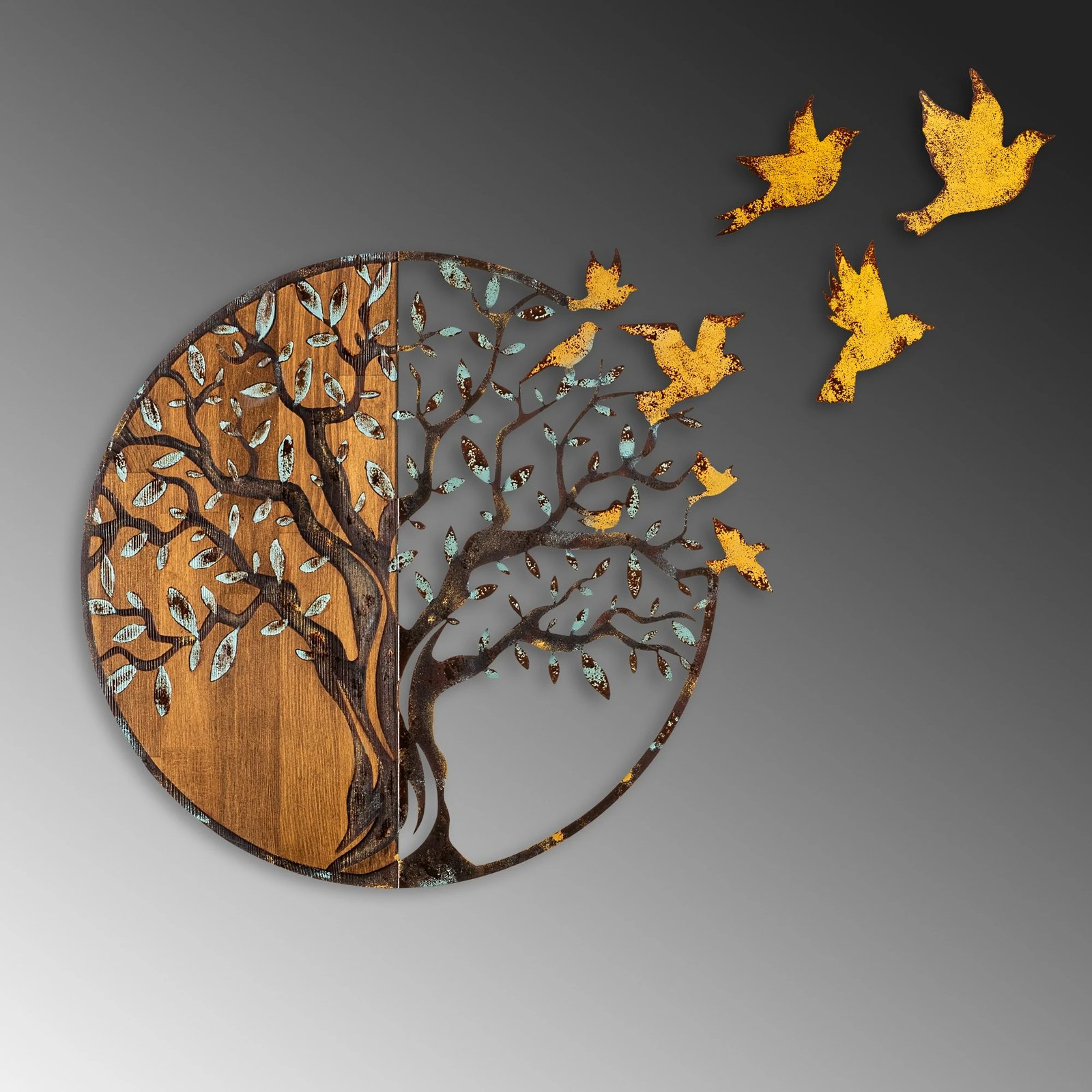 Aksesor dekorativ prej druri për mur, pemë dhe zogj, Wallity, 322-A