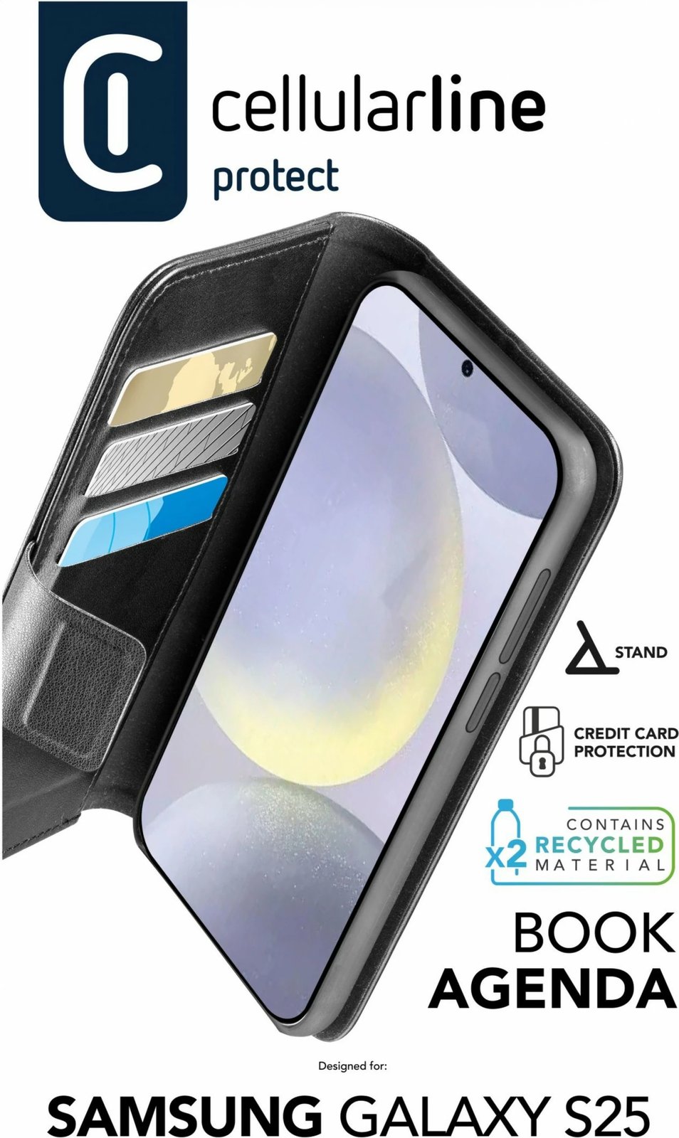 Mbështjellës folio Cellular Line për Samsung Galaxy S25, 6.36", i zi
