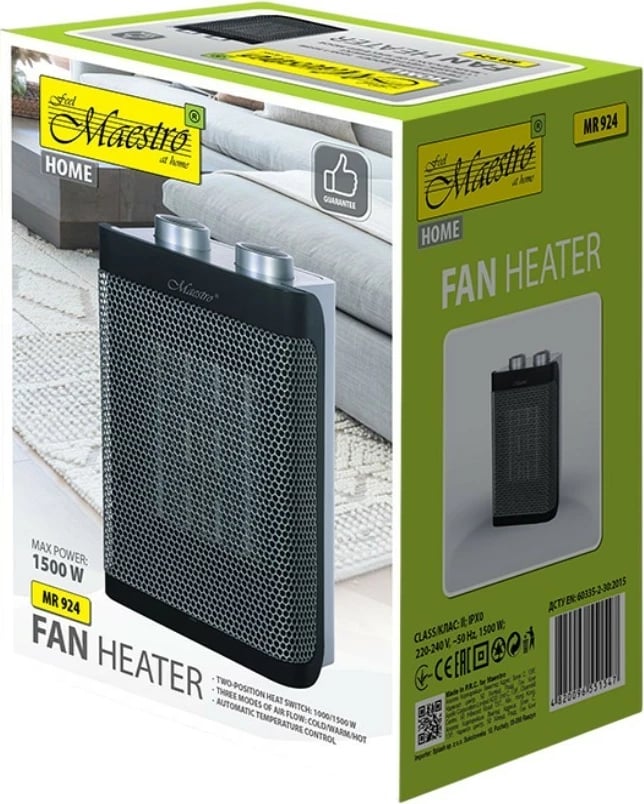 Ngrohës ventilator qeramik, Feel-Maestro MR-924, 1500W, 2 nivele 1000/1500W, termostat, i zi/argjend