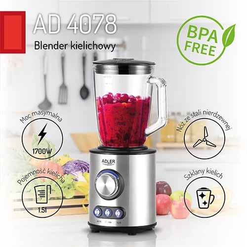 Blender, Adler AD 4078, 1.5L gotë qelqi, 800W nominal 1700W max, 2 shpejtësi, programe smoothie/ice crush/pulse, trup inoks