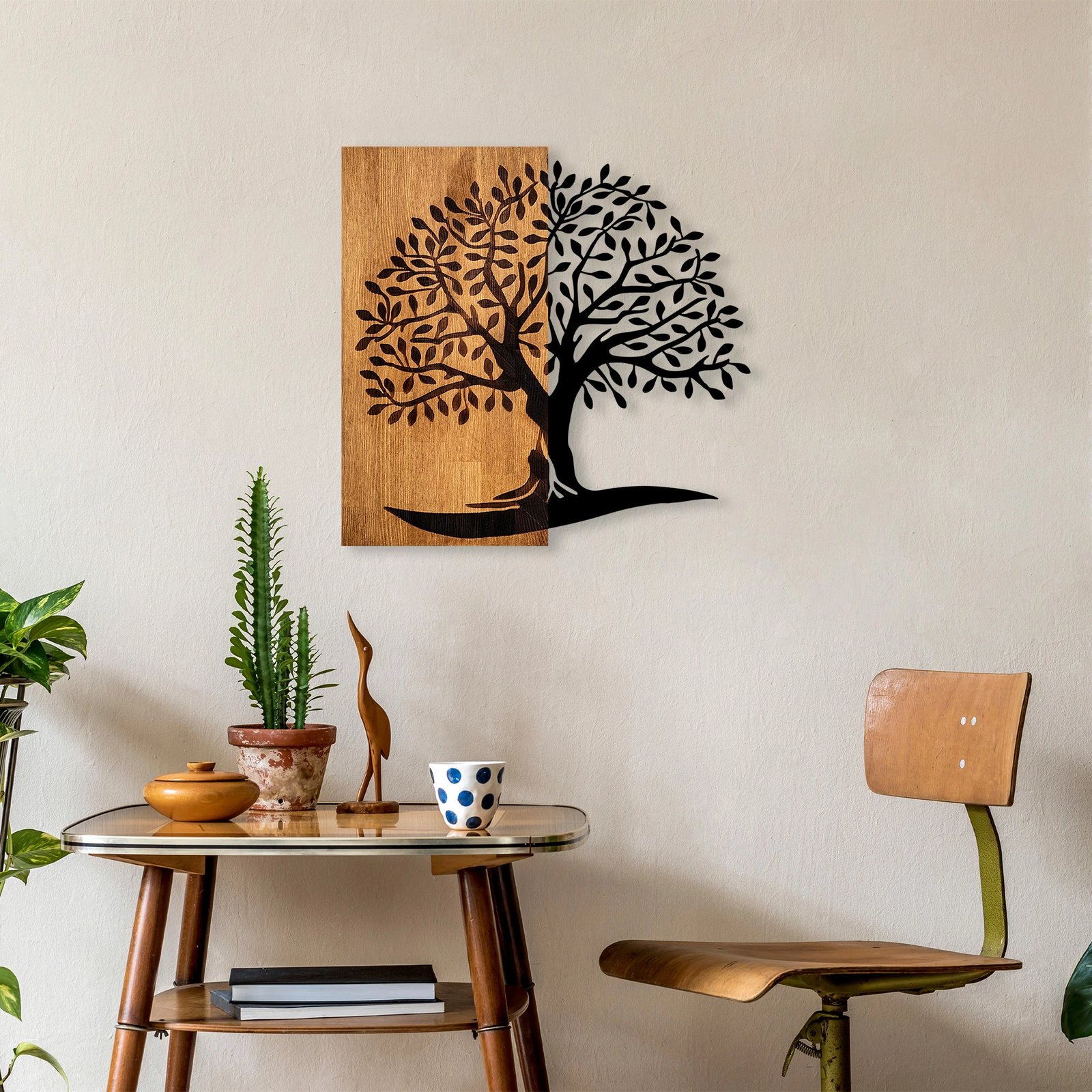 Aksesori dekorativ për mur, dru, Monumental Tree - 374, ngjyrë arre dhe e zezë, 58x58cm