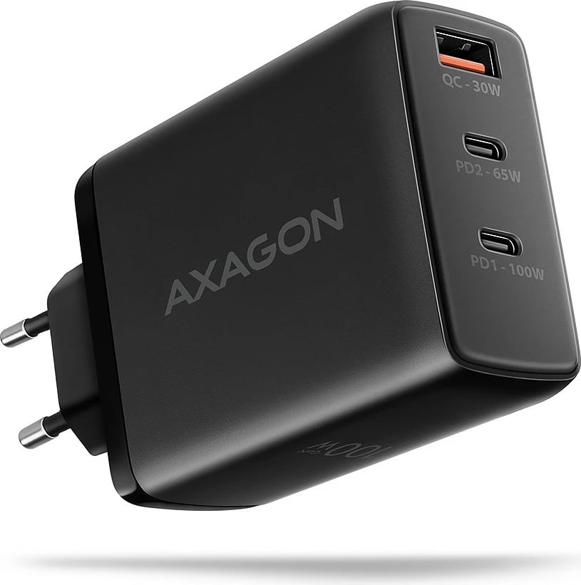 Karikues udhëtimi AXAGON ACU-DPQ100, 100W, 3 porta (USB-A + 2x USB-C), GaN, i zi