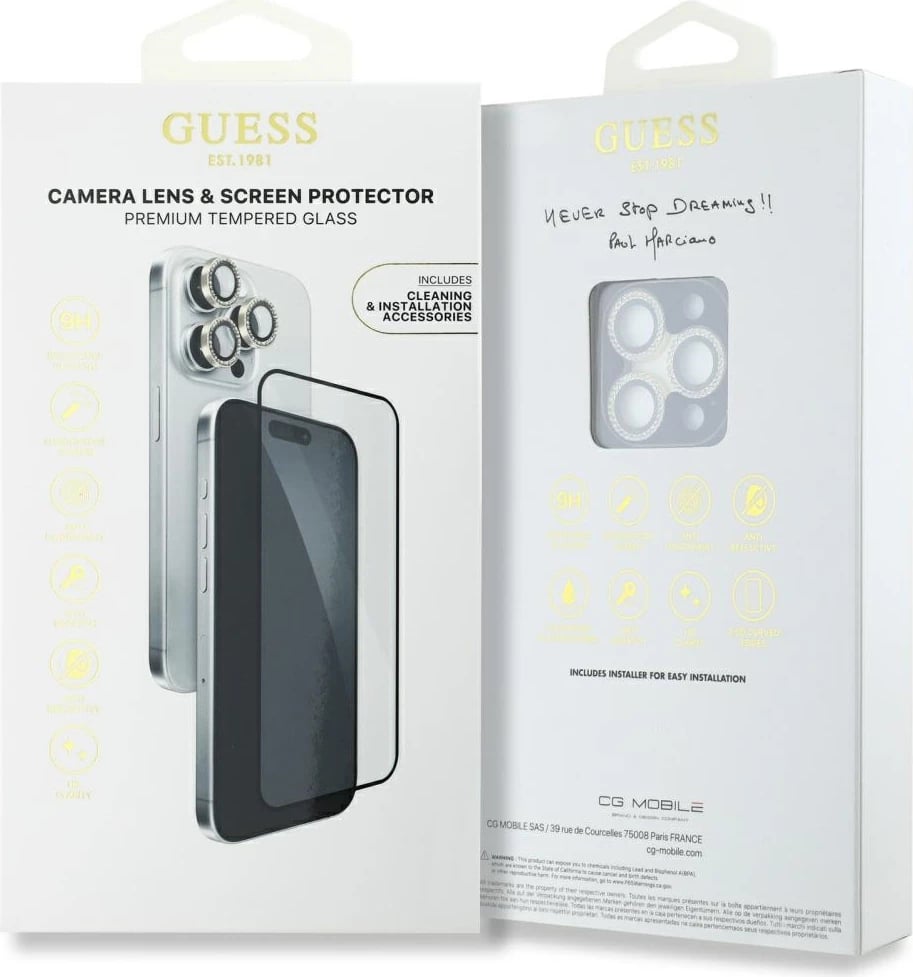 Mbështjellës xhami Guess BP Rhinestone 2in1 për ekran dhe kamera, për iPhone 16 Pro Max, Gold