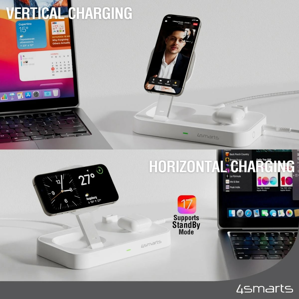 Karikues wireless 4smarts Qi2, 1.5 m, i bardhë