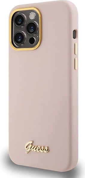 Mbështjellës Guess Silicone Script Metal Logo & Frame për iPhone 15 Pro Max, Rozë