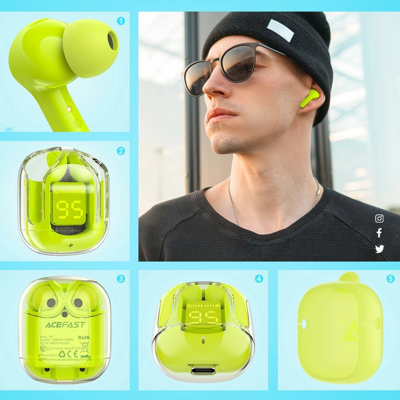 Kufje Acefast T6 TWS, wireless, Bluetooth 5.0, me kuti karikimi, Gjelbër