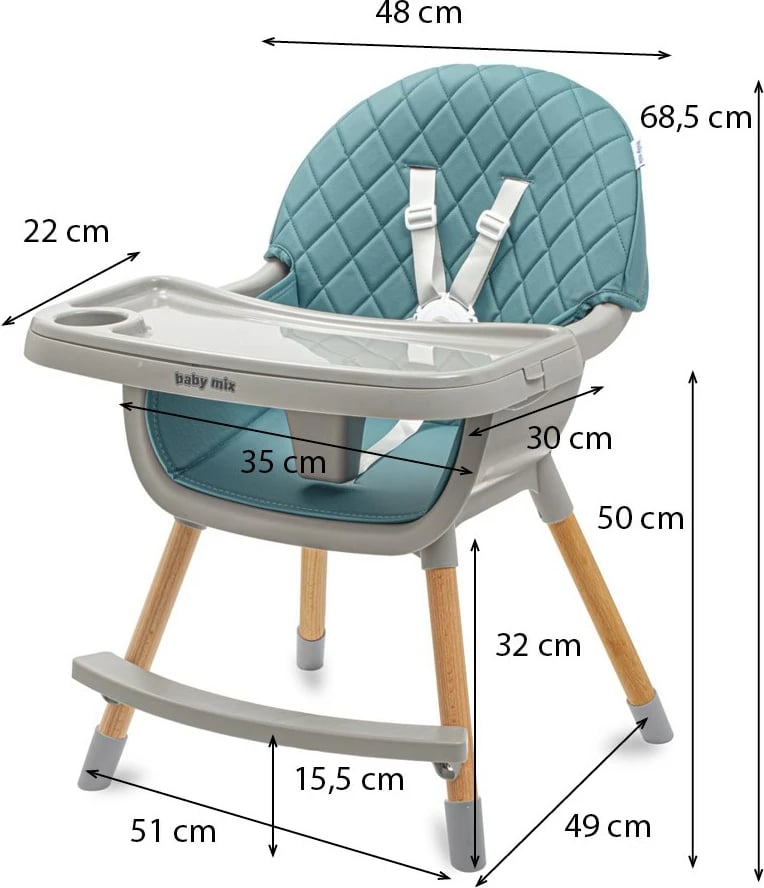 Karrige e lartë bebe, Baby Mix, Freja, tabaka dyshe e rregullueshme, rrip 5-pikësh, deri 15 kg, eko-lëkurë, jodrëshqitëse, jeshile