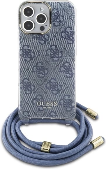 Mbështjellës Guess Crossbody Cord 4G Print për iPhone 16 Pro Max, Kaltër