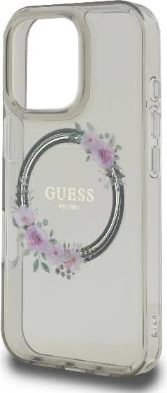 Mbështjellës Guess Flowers Wreath MagSafe për iPhone 16 Pro, 6.3", i zi Mbështjellës Guess Flowers Wreath MagSafe për iPhone 16 Pro, 6.3", i zi
