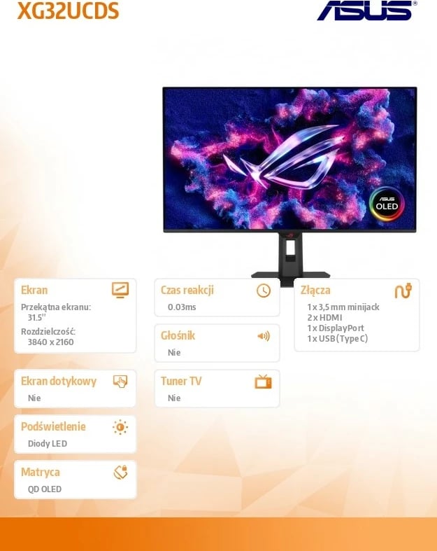Monitor gaming Asus XG32UCDS, 31.5 inç, QD-OLED, 4K UHD, 165 Hz, i zi Monitor gaming Asus XG32UCDS, 31.5 inç, QD-OLED, 4K UHD, 165 Hz, i zi