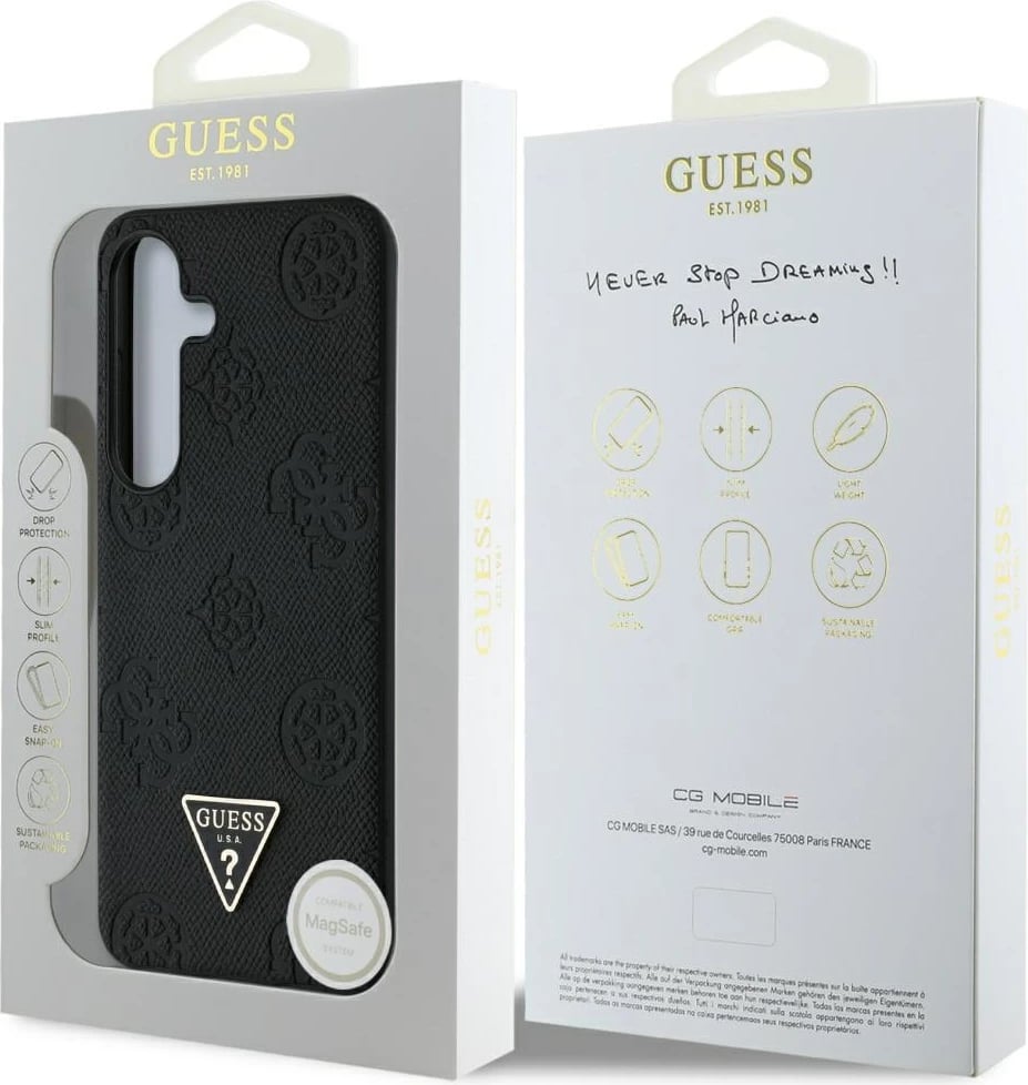Mbështjellës Guess Grained Hot Stamp Peony Pattern Triangle Logo MagSafe për Samsung Galaxy S25, i zi Mbështjellës Guess Grained Hot Stamp Peony Pattern Triangle Logo MagSafe për Samsung Galaxy S25, i zi