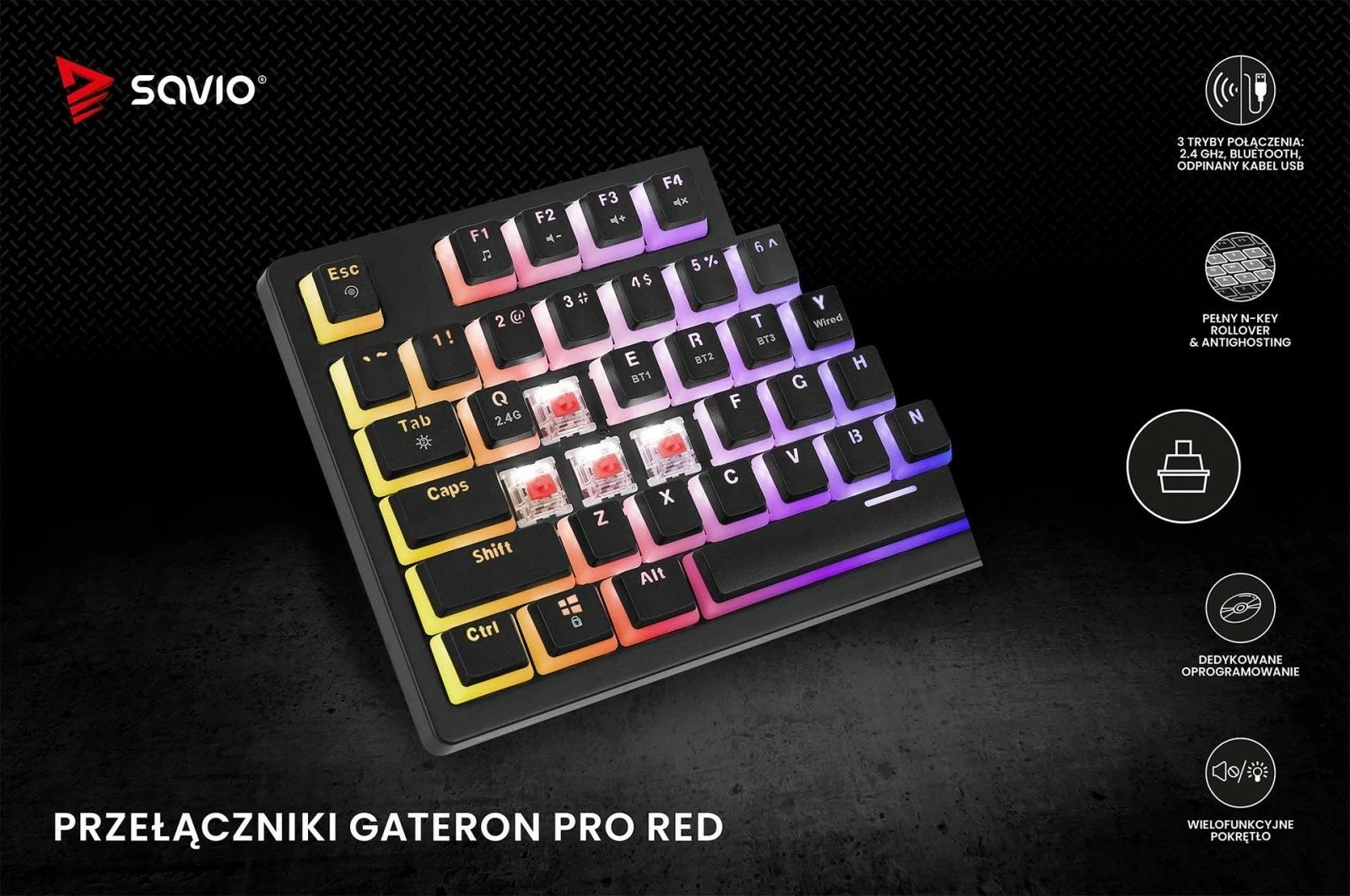Tastierë mekanike wireless Savio PHENIX, Gateron Red Pro, Pudding, e zezë Tastierë mekanike wireless Savio PHENIX, Gateron Red Pro, Pudding, e zezë