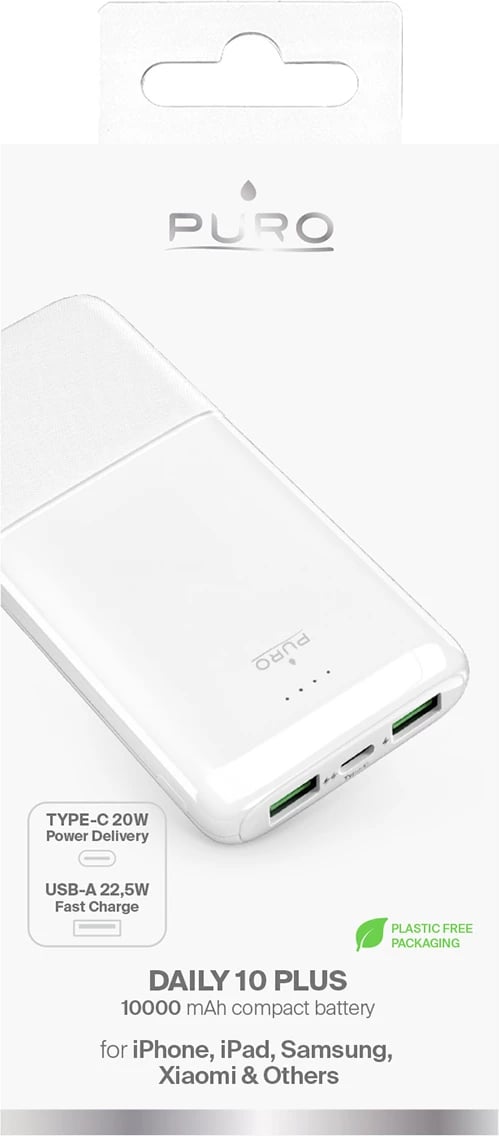 Powerbank Puro DAILY 10 PLUS 10000mAh, 2x USB-A, 1x USB-C, 22.5W, e bardhë